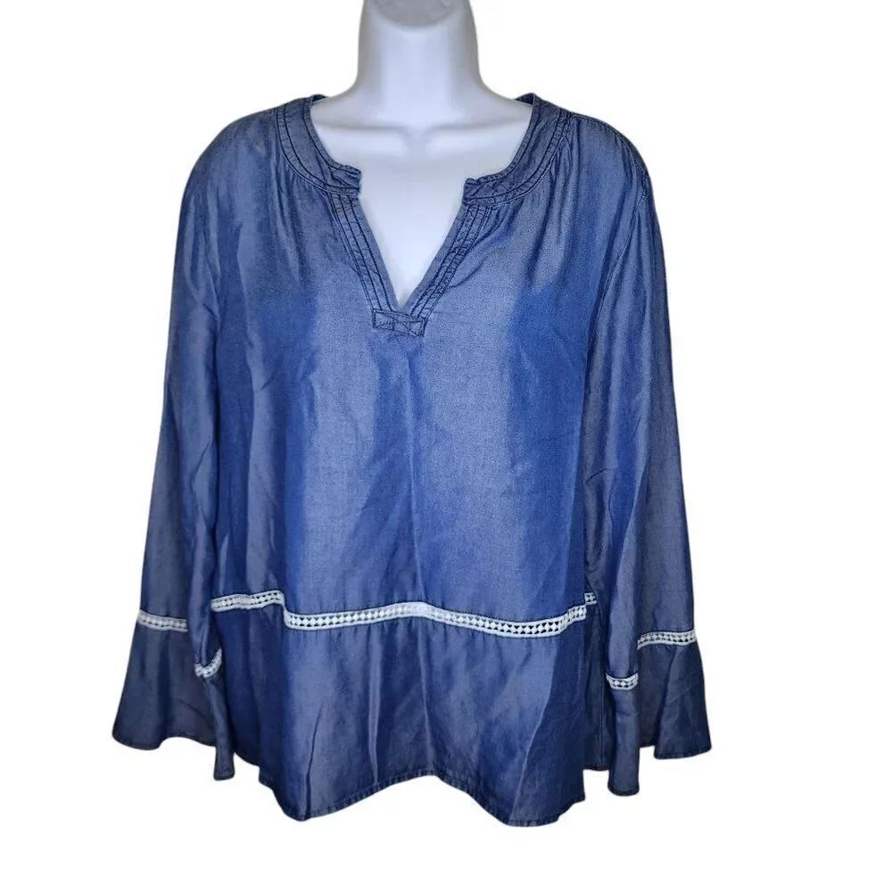 Madeline and Monroe Split Neck Bell Sleeves Denim Blouse Top Womens 2XL Blue
